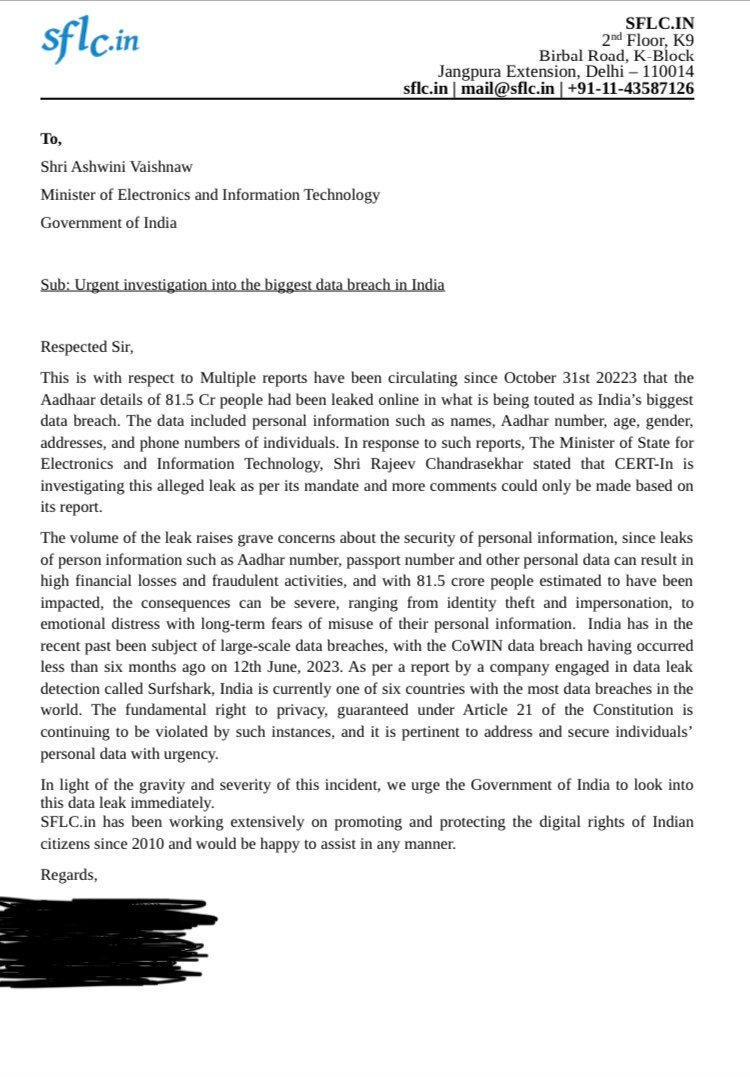SFLC.in wrote a letter to the Minister of Electronics and Information Technology, for an urgent investigation of the Biggest Data Breach in India.