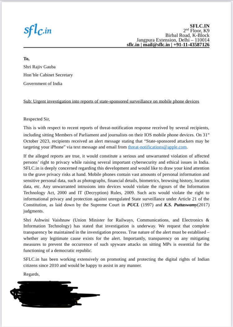 SFLC.in wrote a letter to the Honorable Cabinet Secretary of the Government of India for investigation into reports of state-sponsored surveillance on mobile phone devices.